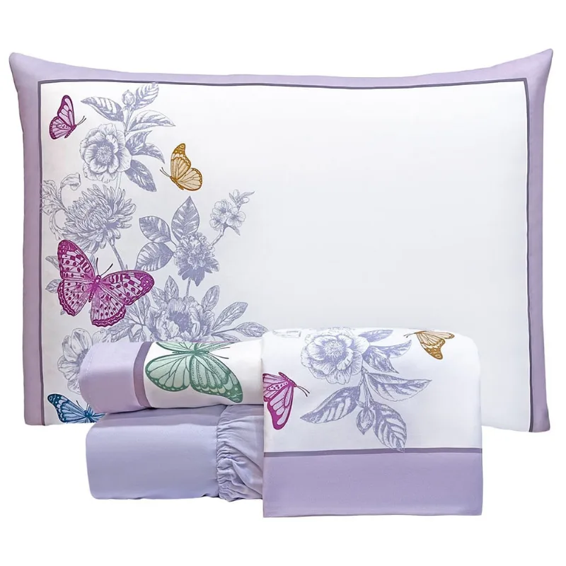Jogo de Cama Lençol Queen Bouquet Percal 300 Fios 4 Peças - Lilás - 100% Poliéster