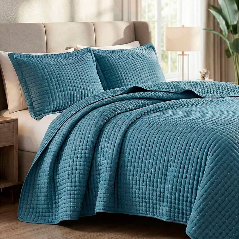 Cobre Leito Colcha Encanto Casal 3 Peças Bege - Azul - 100% Poliéster
