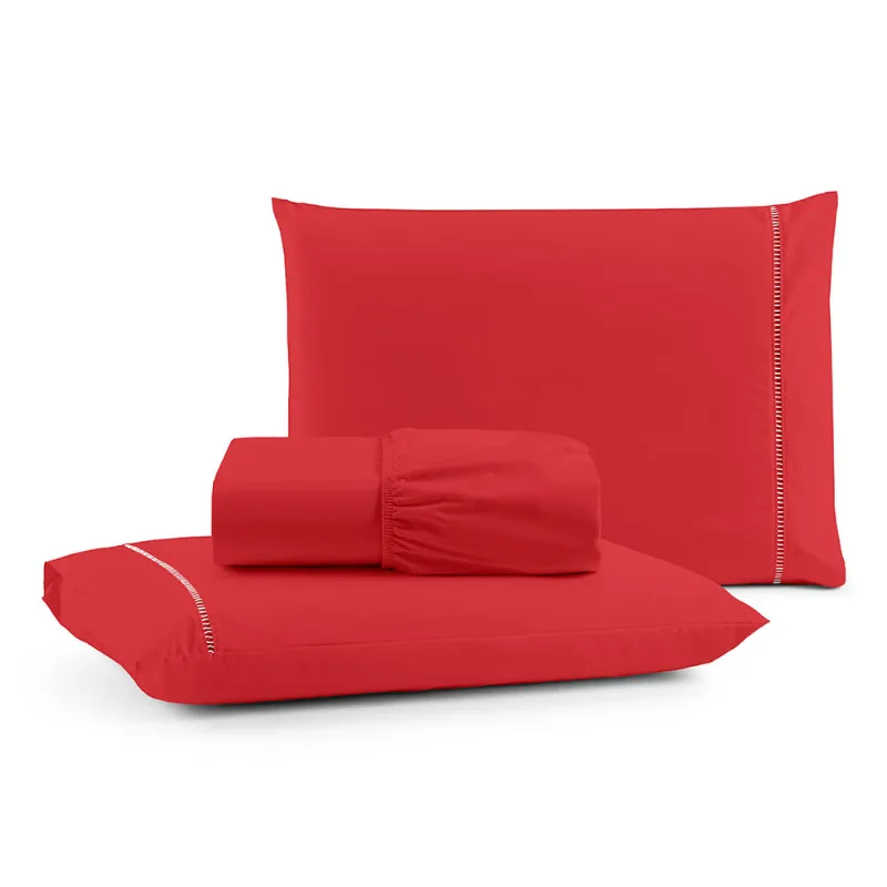 Jogo De Cama Lençol Egipicio King Micropercal 600 Fios Macio 3 Peças Algodão - Vermelho
