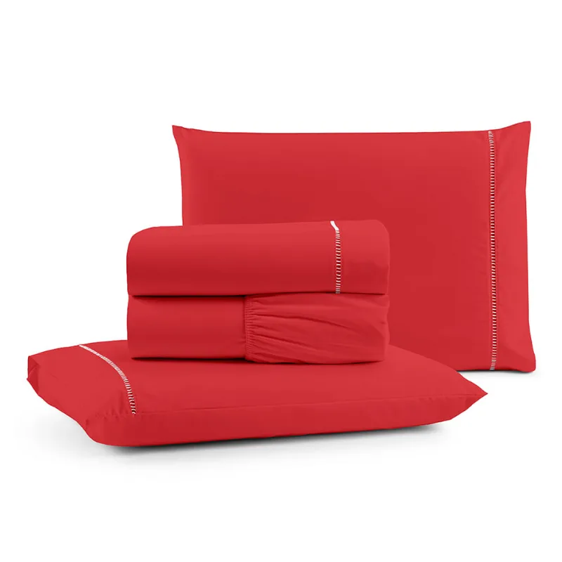 Jogo De Cama Lençol Egipicio Padrão Micropercal 600 Fios Macio 4 Peças Algodão - Vermelho