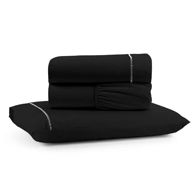 Jogo De Cama Lençol Egipicio Solteiro Micropercal 600 Fios Macio 3 Peças Algodão - Preto