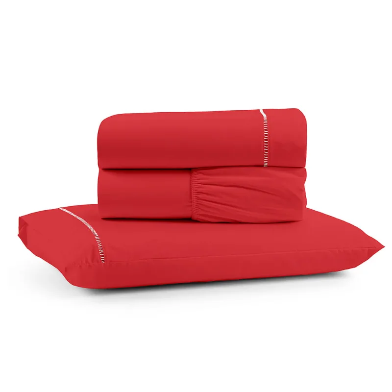 Jogo De Cama Lençol Egipicio Solteiro Micropercal 600 Fios Macio 3 Peças Algodão - Vermelho