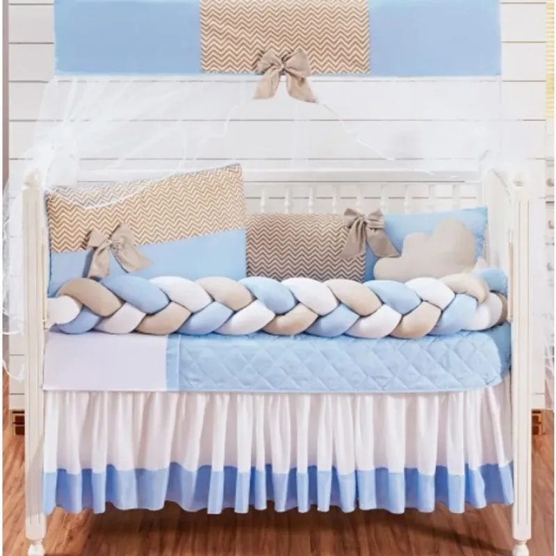 Kit Berço Completo e Trança Lateral Para Menino 12 Peças Doce Bebê Azul Claro Com Saia Box E Lençol Extra