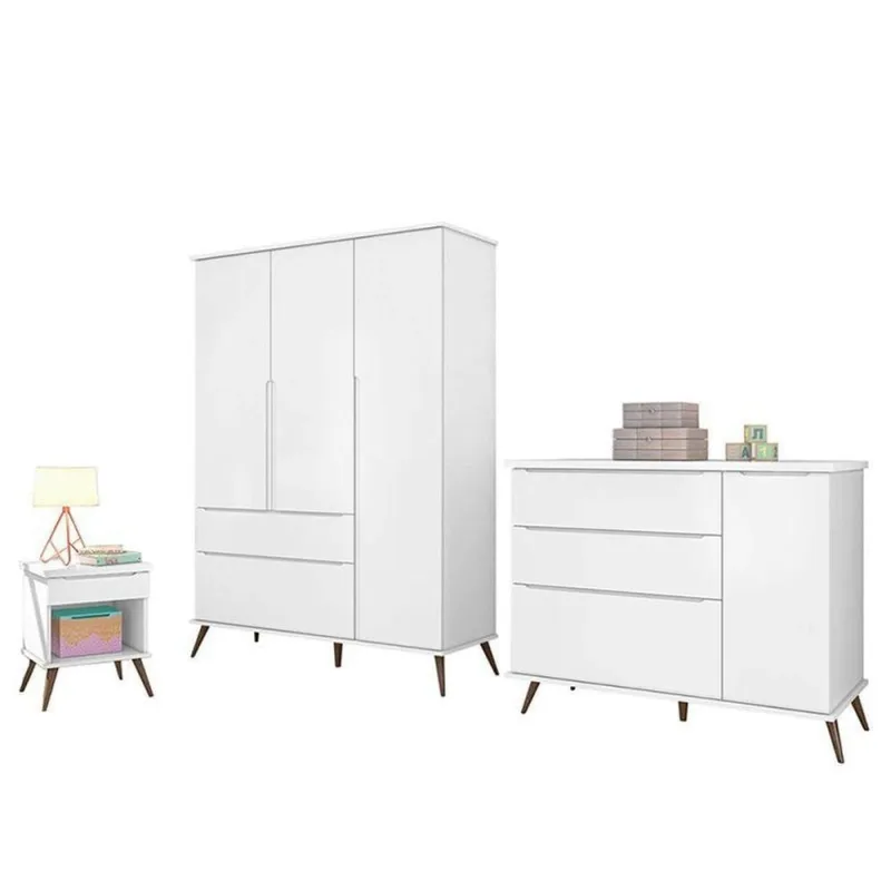 Jogo de Quarto Infantil Melinda Guarda Roupa 3 Portas Cômoda 1 Porta Mesinha 1 Gaveta MDF Branco - Phoenix Baby - Agro