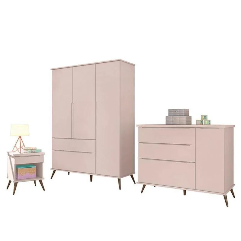 Jogo de Quarto Infantil Melinda Guarda Roupa Cômoda Mesinha 3 Portas 2 Gavetas MDF Rosê Phoenix Baby - Phoenix Baby - Agro