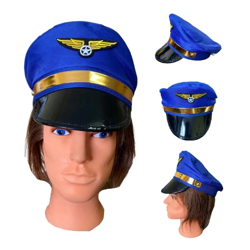 Quepe Aviador Piloto De Avião Azul Cosplay Festas Carnaval