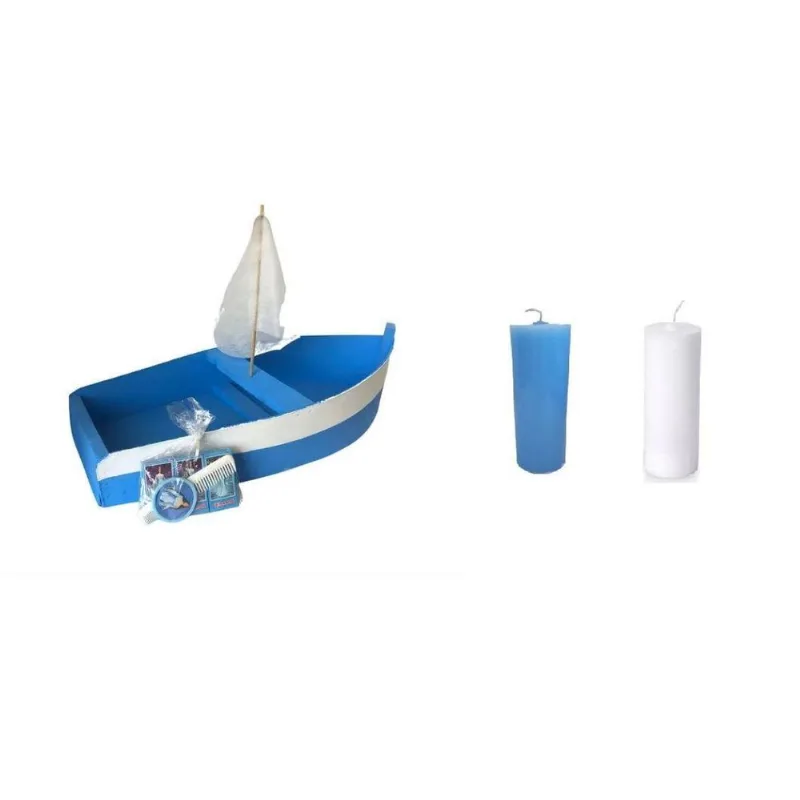 Barco Iemanjá 30 Cm De Madeira + Velas Azul E Branca + Kit