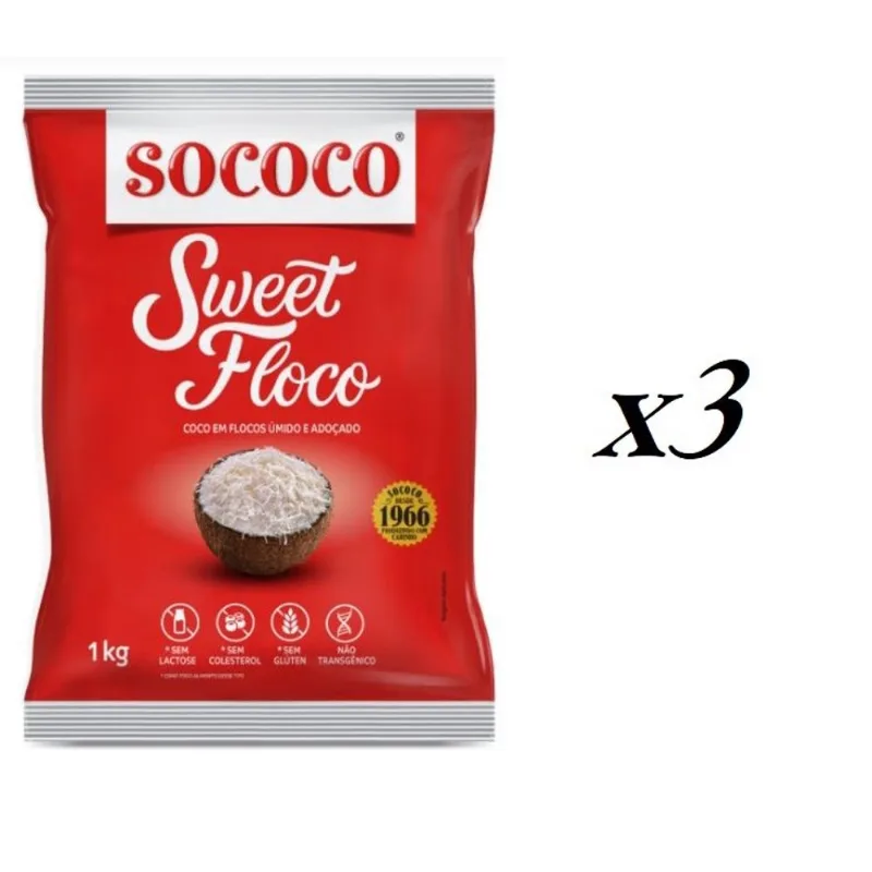 Coco Ralado Sococo Sweet Floco úmido e adoçado- Kit 3 kilos