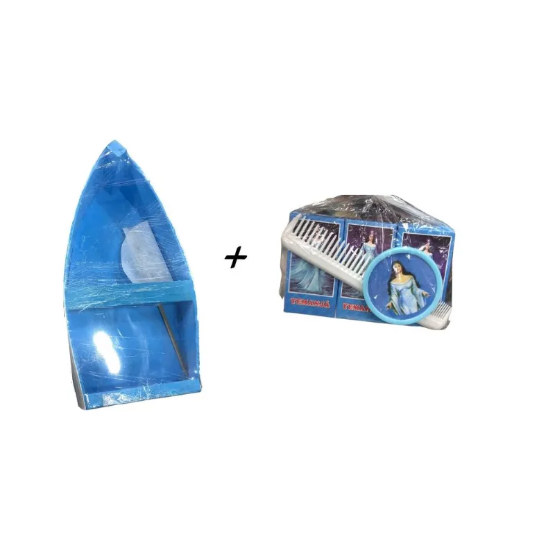 Barco De Madeira Oferenda Iemanjá Grande 60 Cm Azul E Branco