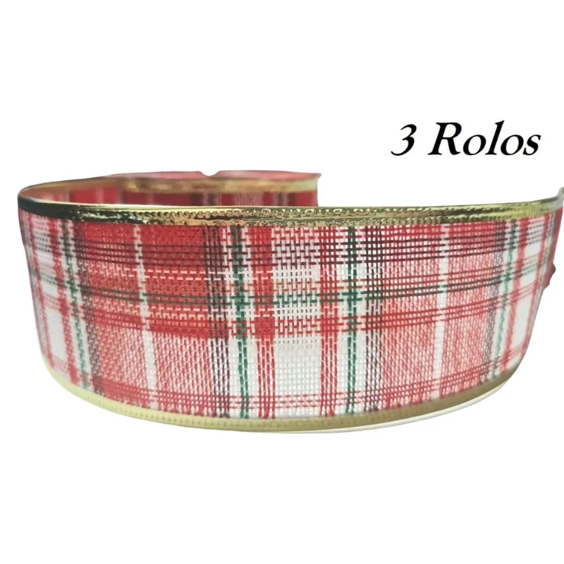 Fita Natalina Decorada aramada Xadrez teia Enfeitar-3 Rolos