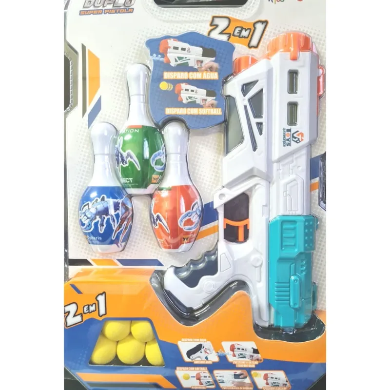 Brinquedo infantil Super Pistola Lança bola e agua- 2 em 1