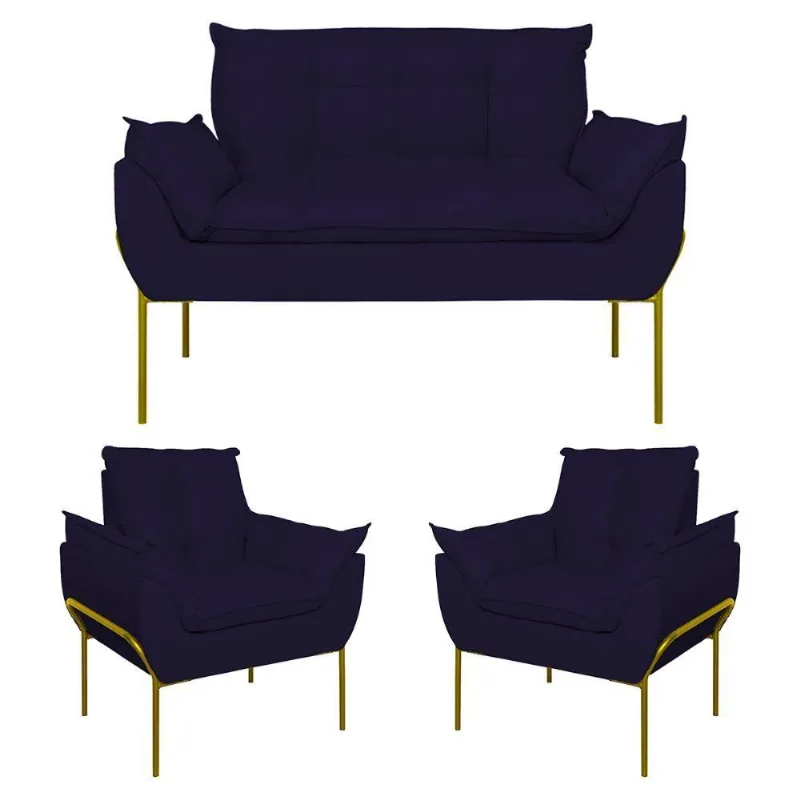 Kit 2 Poltronas + Namoradeira Pé Metal Dourado Recepção Sala Azul Marinho
