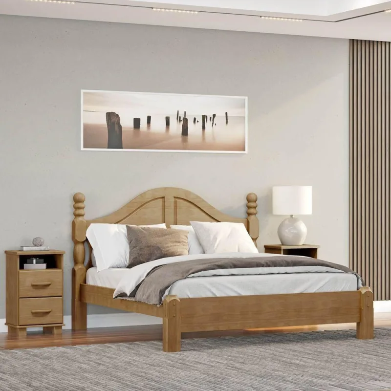 Conjunto Quarto Cama Casal Queen Clássica com 2 Mesas de Cabeceira Ouro Freijó Madeira Maciça - Finestra Móveis - Móveis