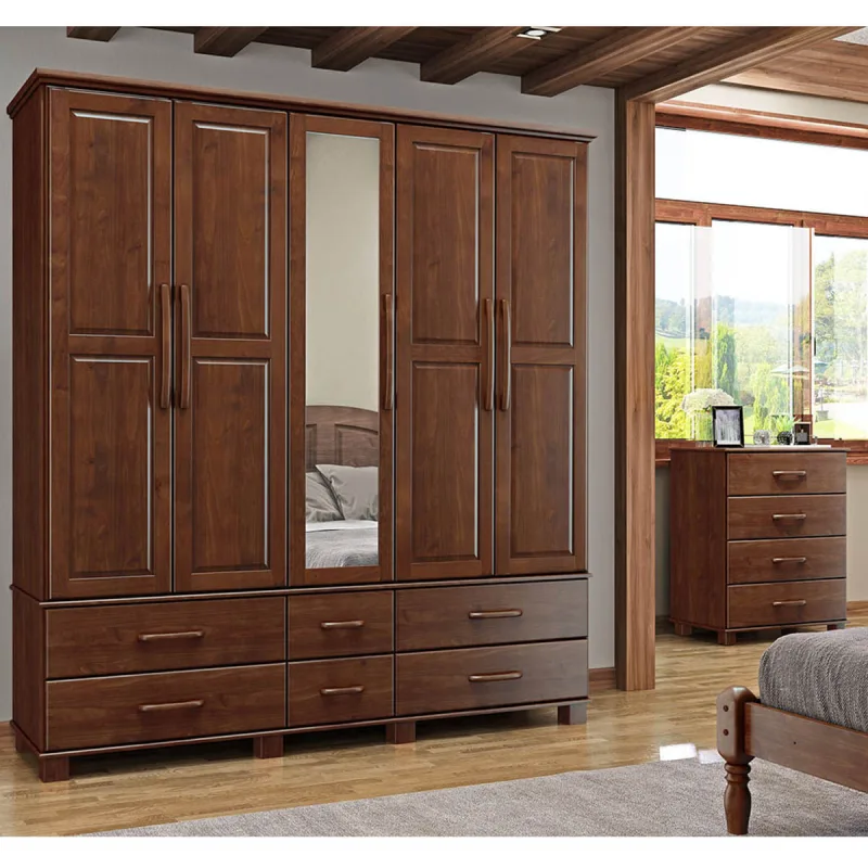 Conjunto Quarto: Guarda-Roupa Casal 5 Portas 6 Gavetas, Cômoda 4 Gavetas Café Ouro Madeira Pinus - Finestra - Finestra - Móveis