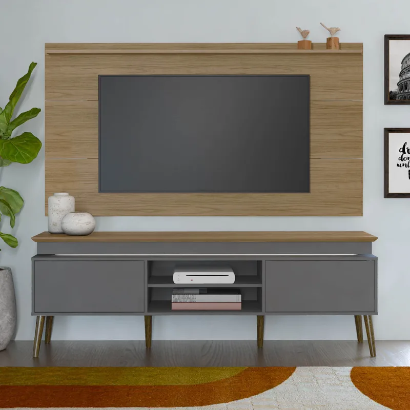 Rack com Painel Slim p/ TV até 75" com 2 Portas Lumina Carvalho/Grafite - Artely - artely - Móveis