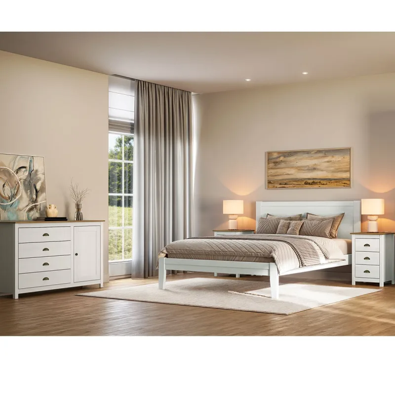 Conjunto Quarto Topázio Branco: Cama Queen, Cômoda Sapateira e 2 Mesas de Cabeceiras Madeira Pinus - Finestra - Móveis