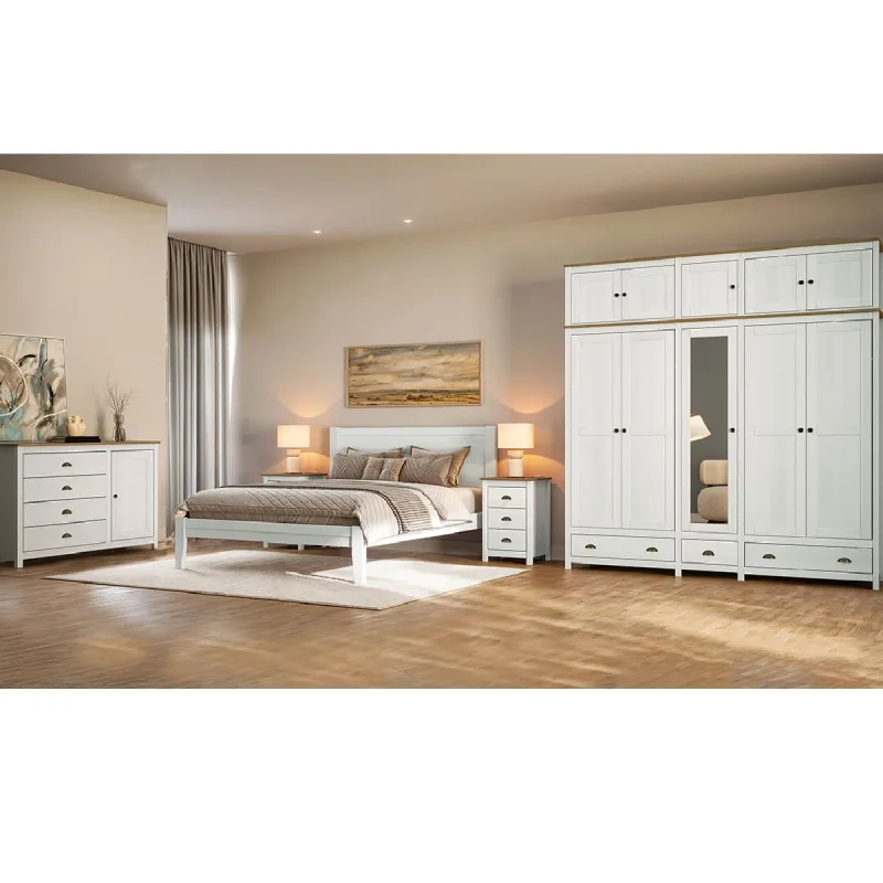 Conjunto Quarto Topázio Branco: Guarda-Roupa 10 Portas, Cômoda, Cama Queen e 2 Mesas de Cabeceiras - Finestra - Móveis