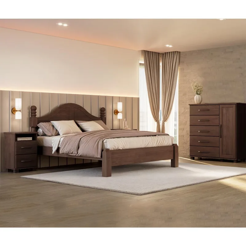 Conjunto Quarto Ouro: Cama Queen, Cômoda Sapateira e 2 Mesas Cabeceiras Freijó Madeira Pinus - Finestra - Móveis