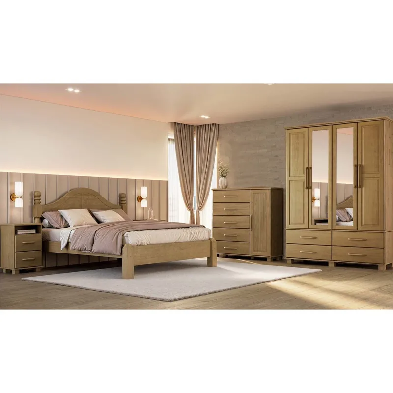 Conjunto Quarto Ouro: Guarda-Roupa 4 Portas, Cama Queen, Cômoda Sapateira e 2 Mesas Cabeceiras Freijó Madeira Pinus - Finestra - Móveis