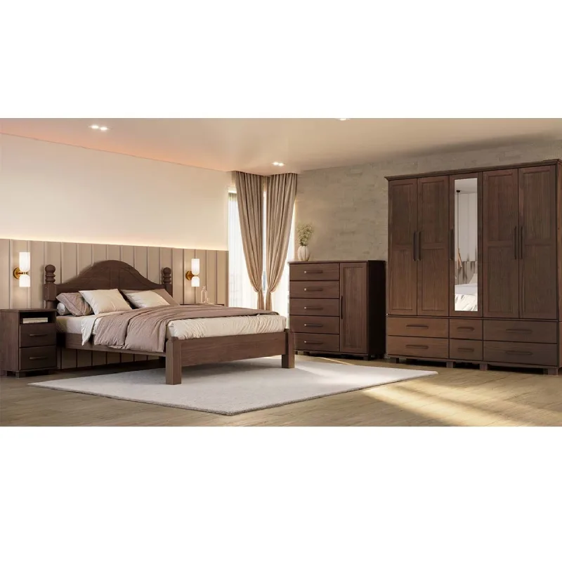 Conjunto Quarto Ouro: Guarda-Roupa 5 Portas, Cama Queen, Cômoda Sapateira e 2 Mesas Cabeceiras Café Madeira Pinus - Finestra - Móveis