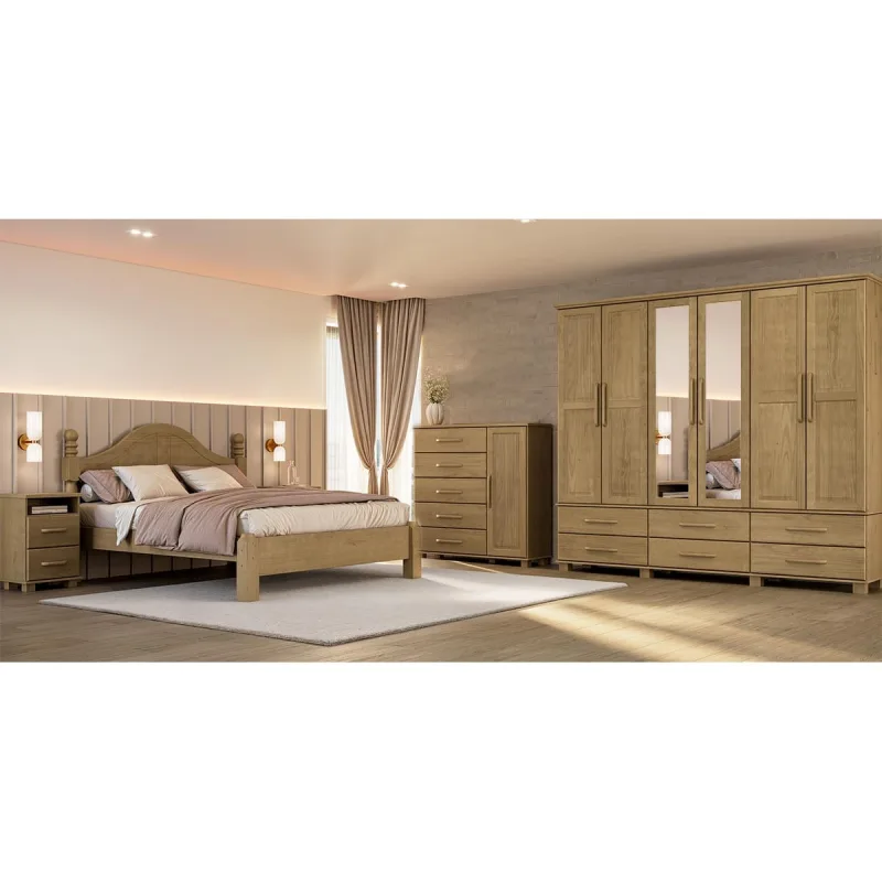 Conjunto Quarto Ouro: Guarda-Roupa 6 Portas, Cama Queen, Cômoda Sapateira e 2 Mesas Cabeceiras Freijó Madeira Pinus - Finestra - Móveis