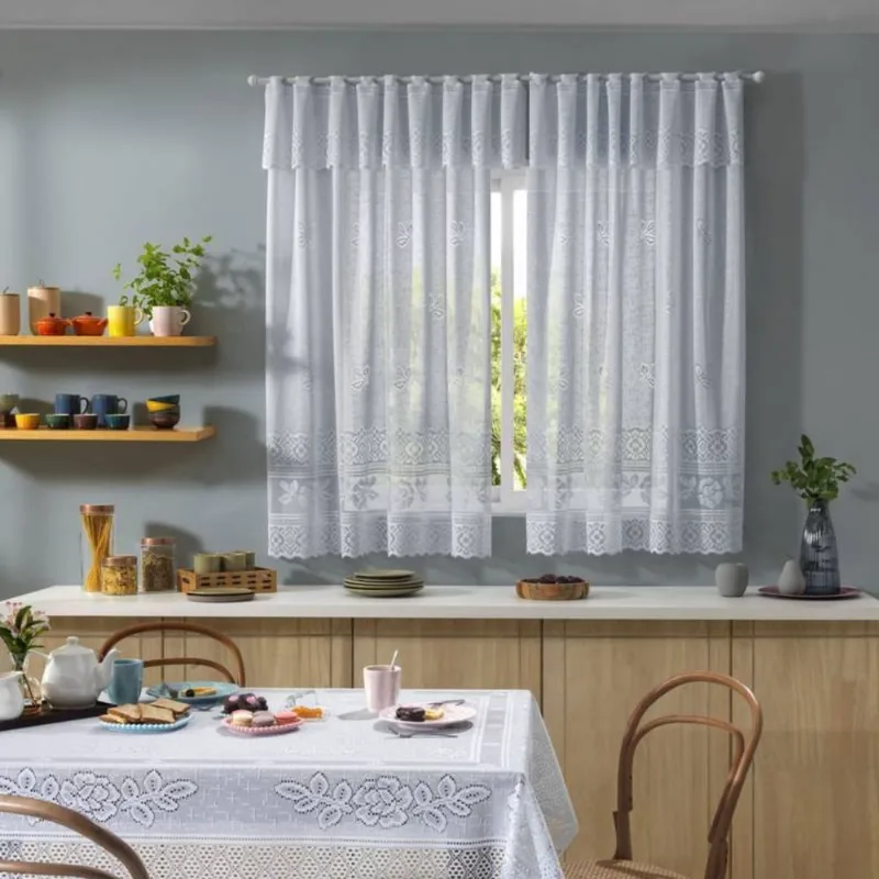 Kit 2 Cortinas Para Cozinha Em Renda Branca 2.00x1.20m Bandô 20cm
