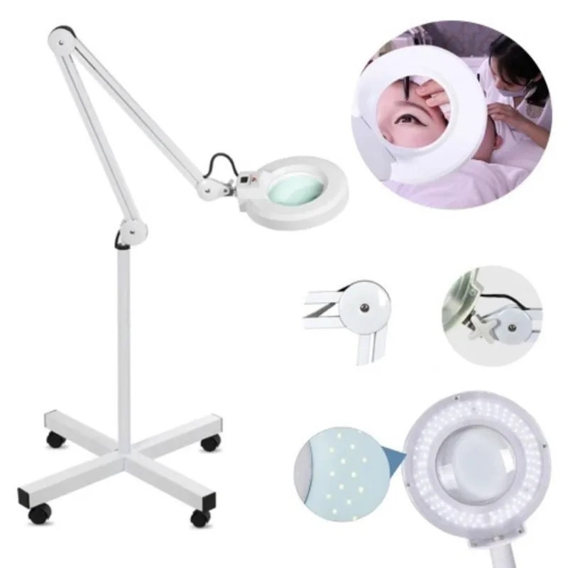 Lupa Estetica Luminaria Articulada Aluminio Rodinhas Tripe 120 Leds Aumento 10x Manicure Branca Bivolt