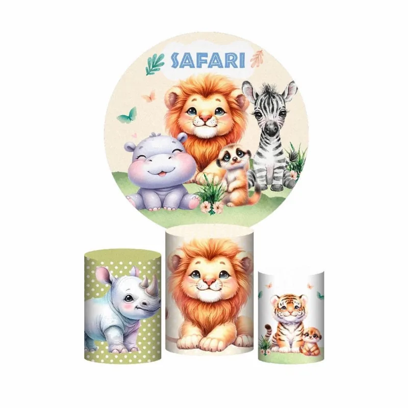 Trio Capas Cilindros + Painel Redondo Safari Cute Em Tecido