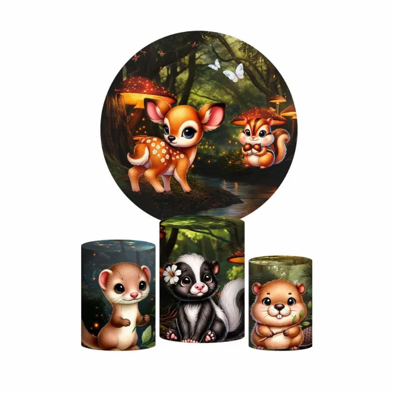 Trio Capas Cilindros + Painel Redondo Bosque Em Tecido