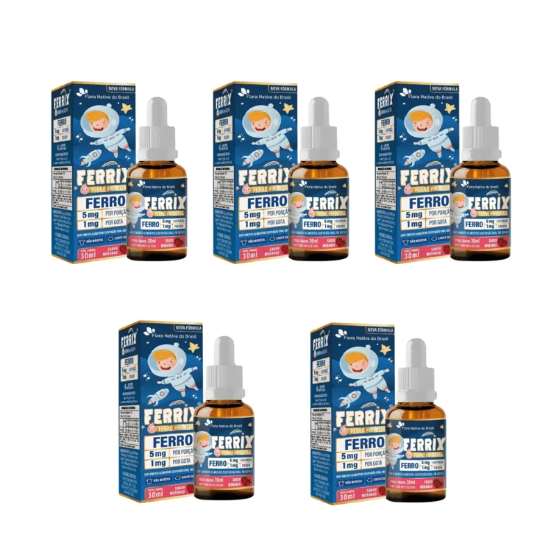 Kit C/5 Ferrix MORANGO 30ml Infantil Suplemento de Ferro - Flora Nativa