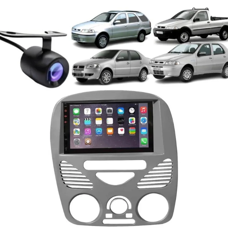 Central Multimídia Automotiva 2 DIN Mp5 Fiat Strada G3 7 USB Bluetooth Cinza com Câmera de Ré