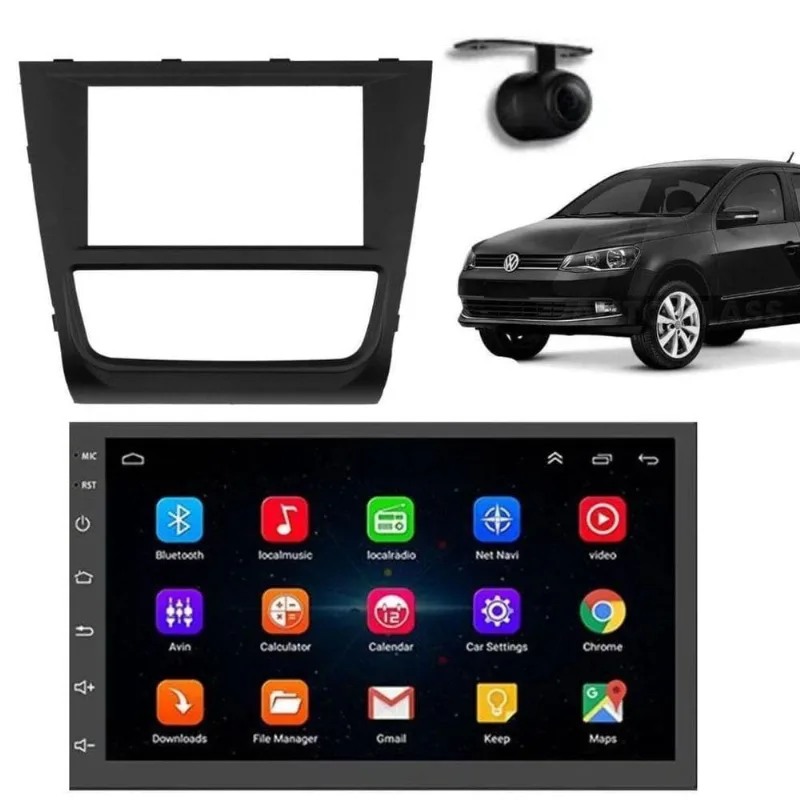 Central Multimídia Automotiva Android Auto Gol G6 Moldura + Câm Preto 7 Bluetooth