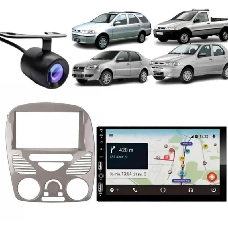 Central Multimídia Carplay Android Siena G2 com Moldura 2DIN Bluetooth Câmera de Ré Cinza Brilhante
