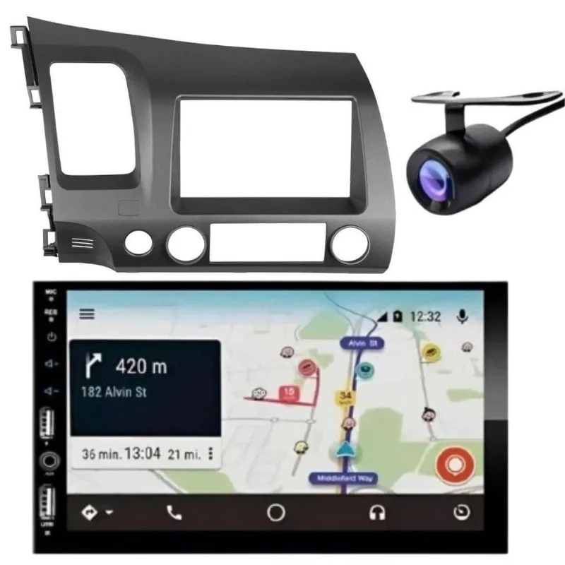 Central Multimídia Automotiva 2 DIN Carplay Android New Civic 7 Touch Screen Bluetooth USB Cinza