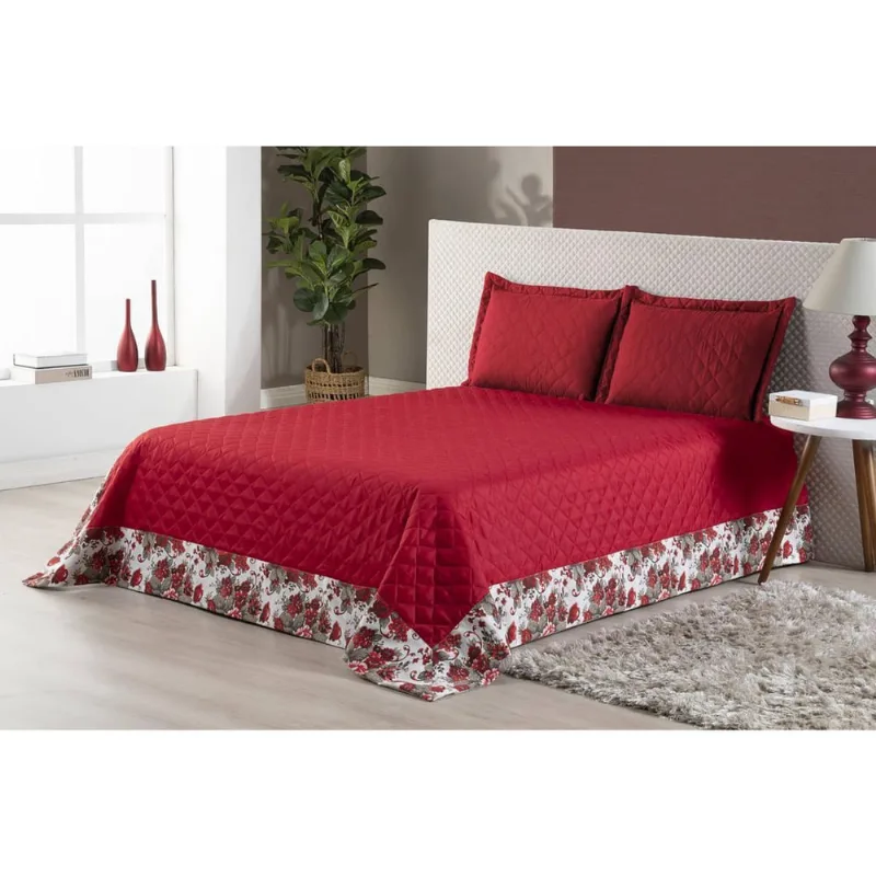 Kit Colcha Vitória Casal Queen Com Babado 3 Peças Vermelho