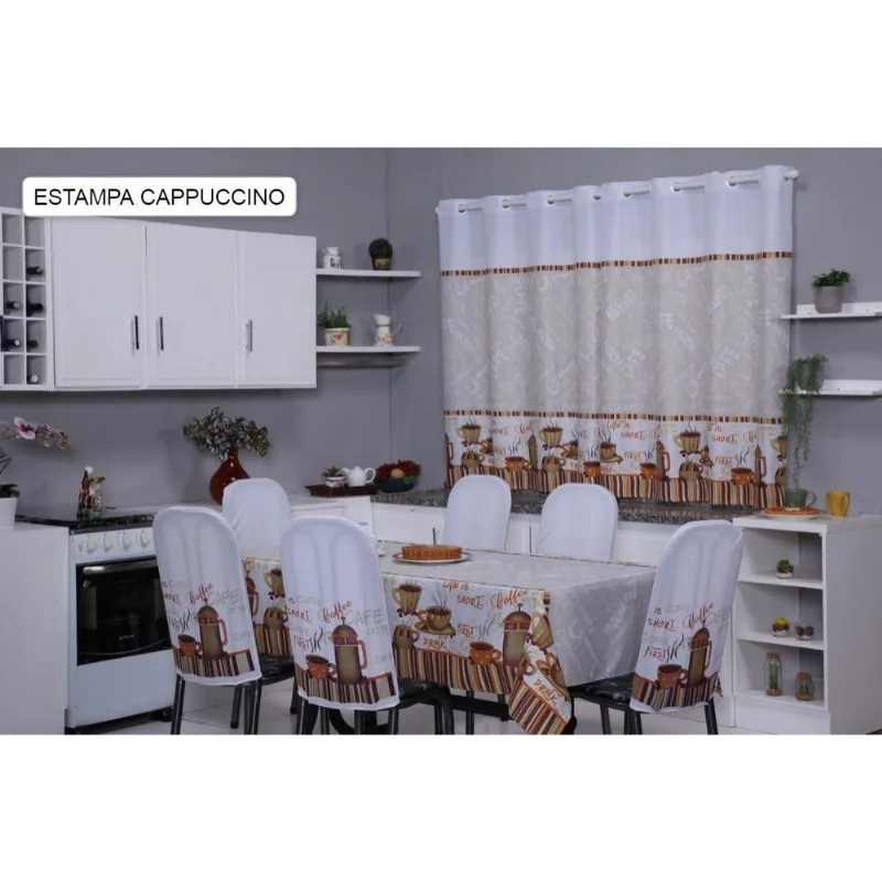 Kit Cozinha Cortina+capas De Cadeira+ Toalha 8l - Capuccino