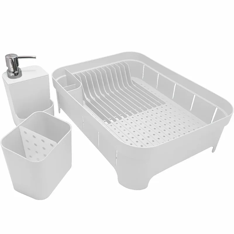 Kit 3 Utensílios Escorredor De Louça Talher Porta Detergente Branco