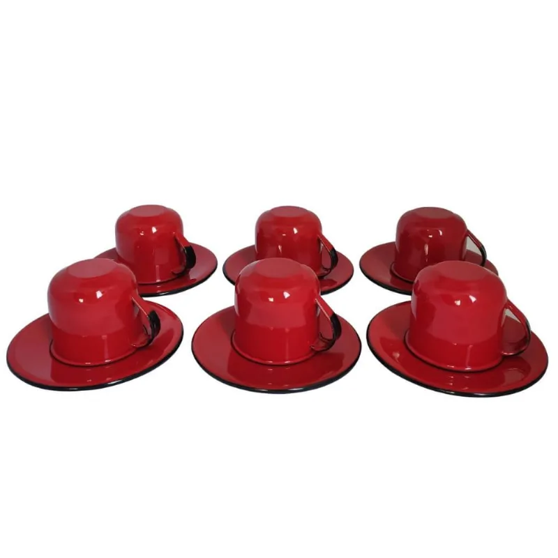 Jogo De Xícaras Com Pires 6 Canecas Esmaltada 180ml Chá Café Vermelho