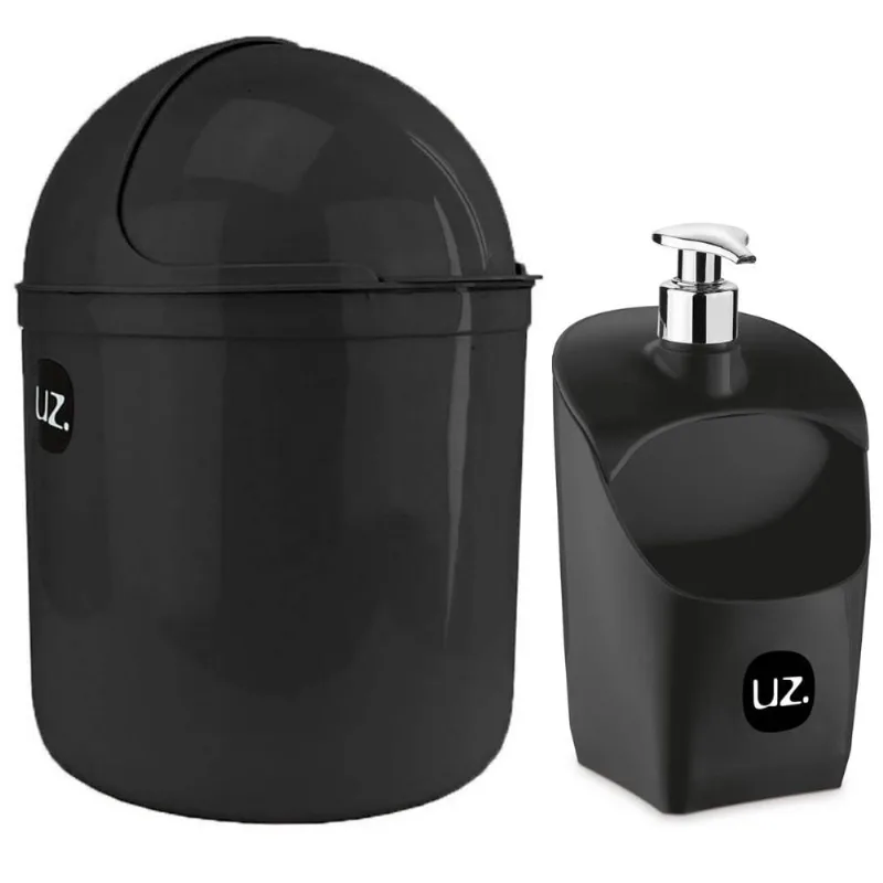 Kit Lixeira 4L Capacete E Dispenser De Detergente Porta Esponja Preto