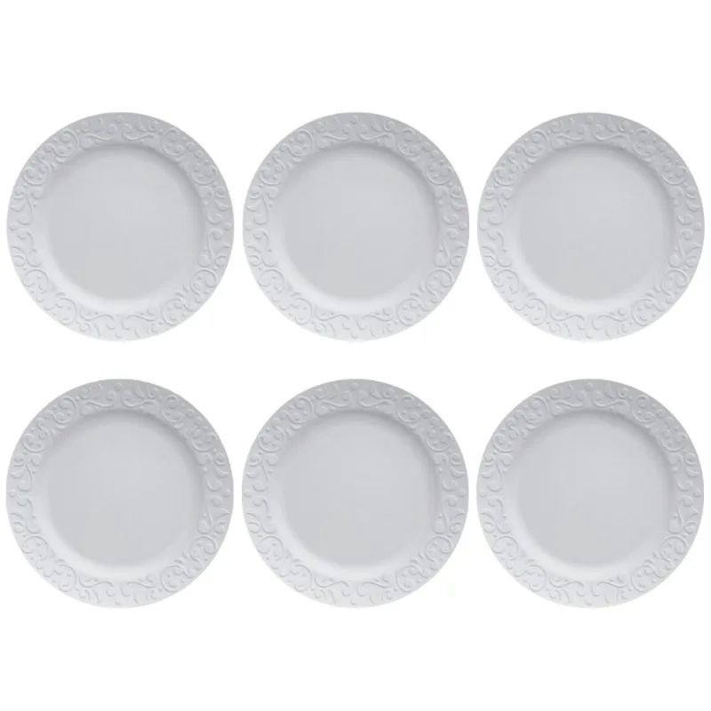 Jogo 6 Pratos Rasos Redondos 26,5cm em Porcelana com Relevo Tassel Germer Branco