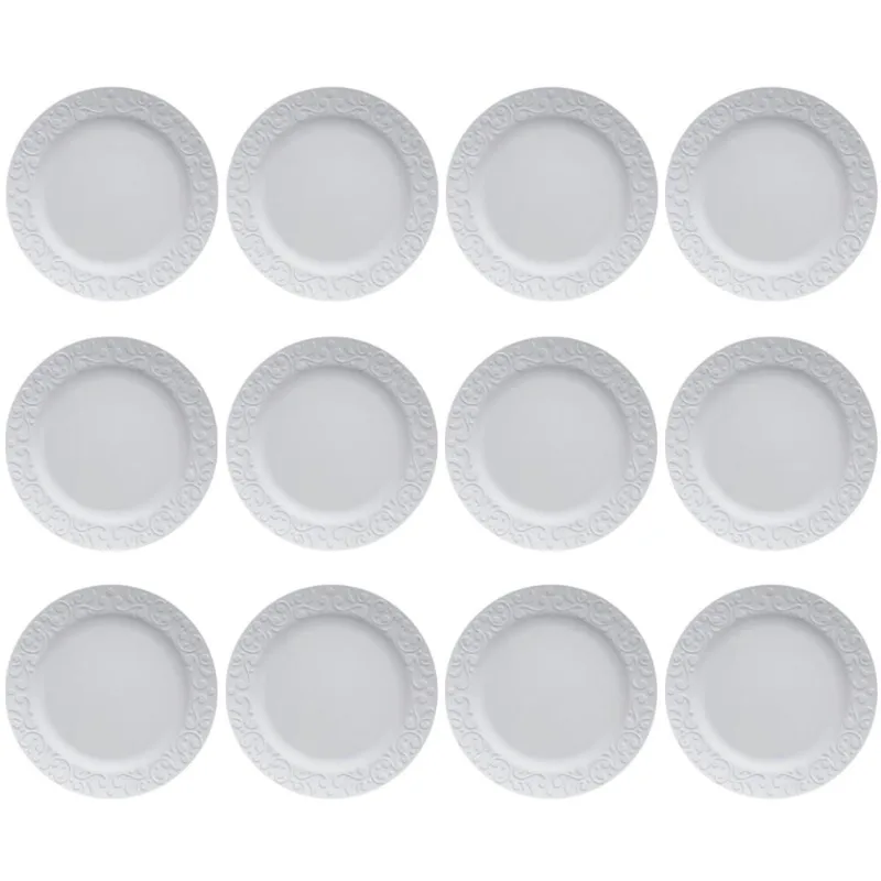 Jogo 12 Pratos Rasos Redondos 26,5cm em Porcelana com Relevo Tassel Germer Branco
