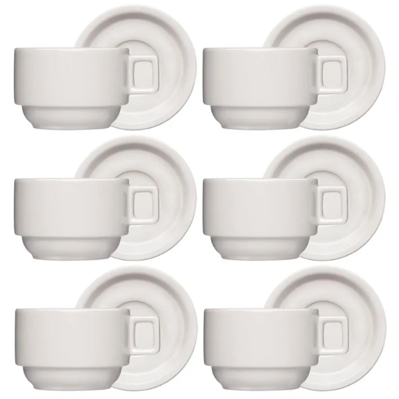 Jogo 6 Xícaras Porcelana Branca Café Chá com Pires 210ml Bar Hotel Germer