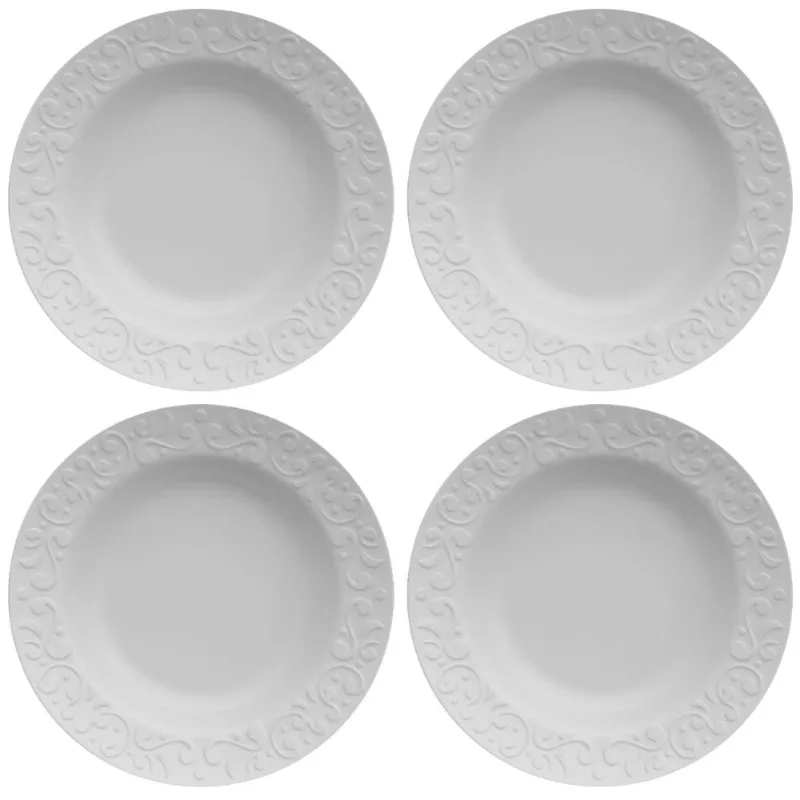 Jogo 4 Pratos Fundos Redondos 23,5cm em Porcelana com Relevo Tassel Germer Branco