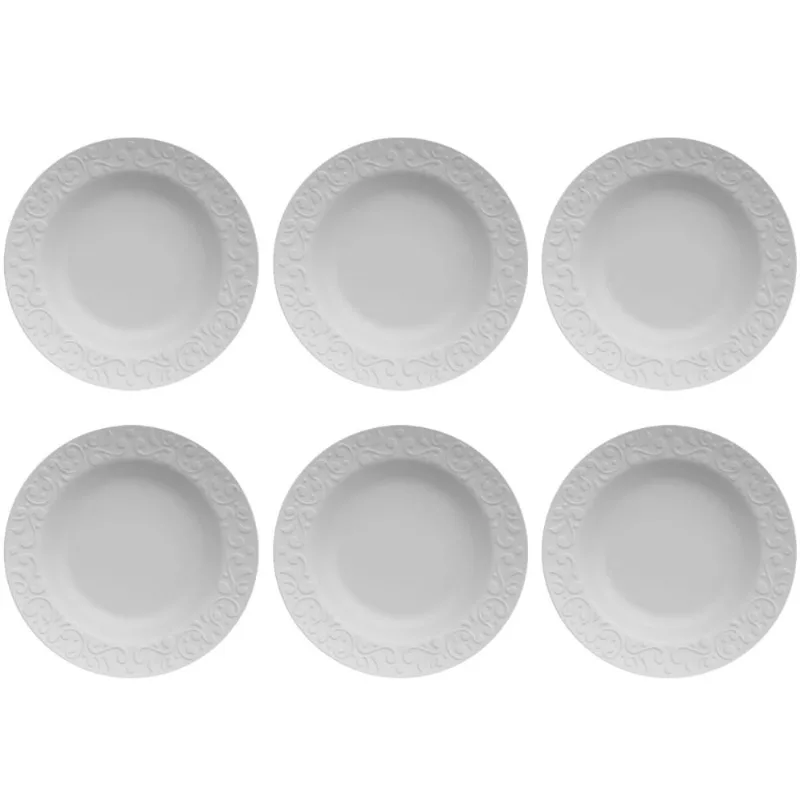 Jogo 6 Pratos Fundos Redondos 23,5cm em Porcelana com Relevo Tassel Germer Branco