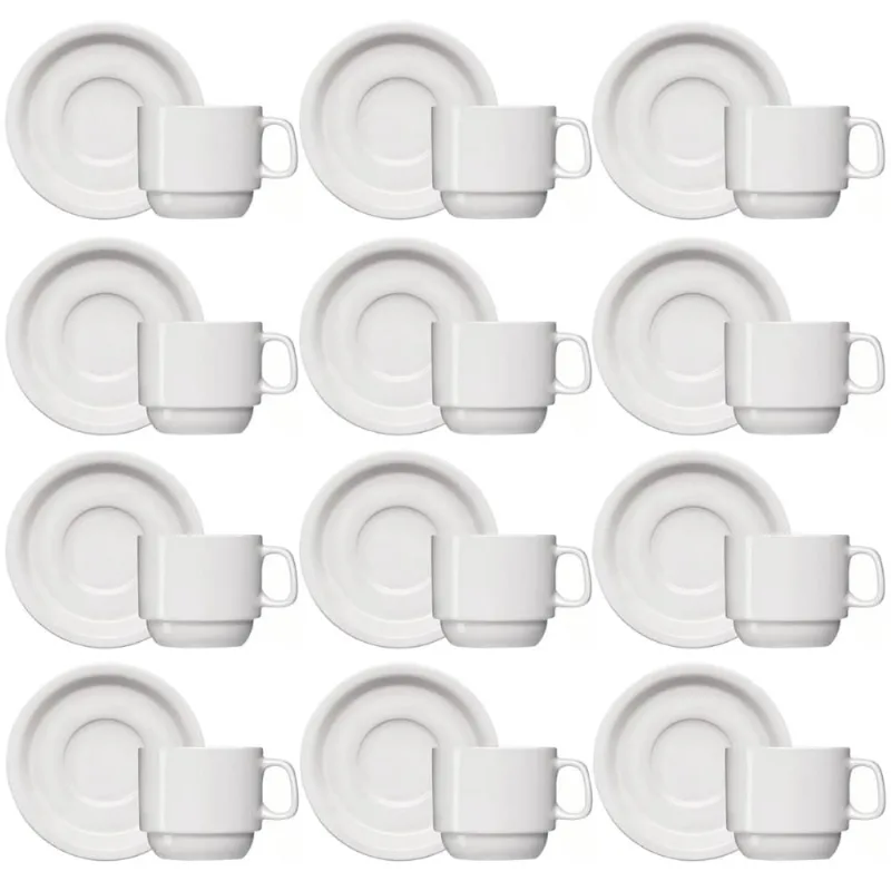 Jogo 12 Xícaras de Café com Pires de Porcelana 65ml Classe Única Iguaçu Germer Branco