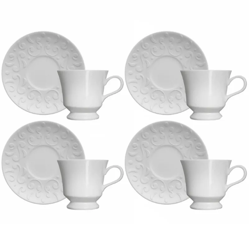 Conjunto 4 Xícaras de Café com Pires 80ml Porcelana em Relevo Tassel Germer Branco