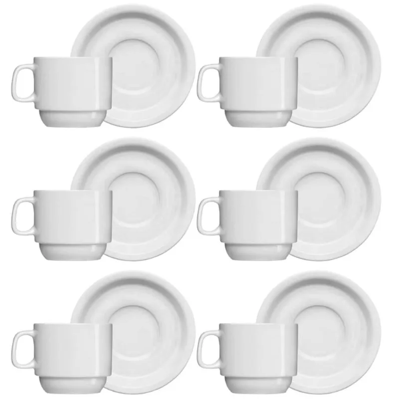 Jogo 6 Xícaras de Chá com Pires de Porcelana 215ml Classe Única Iguaçu Germer Branco