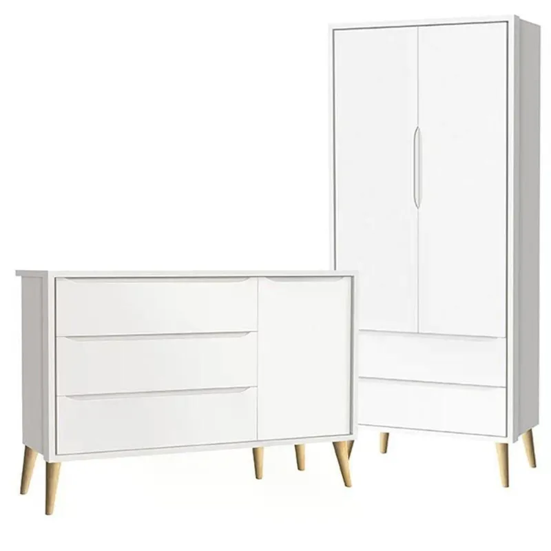 Guarda Roupa 2 Portas E Cômoda Com Porta Theo Branco Fosco Pés Madeira Natural Reller Móveis Branco Fosco