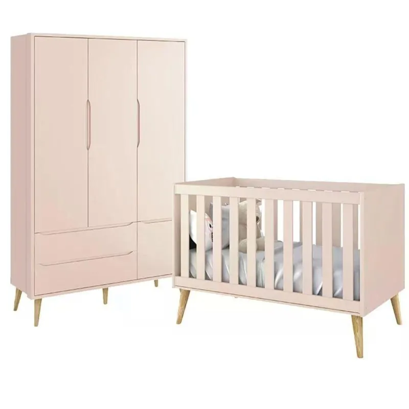 Jogo de Quarto Infantil Guarda Roupa 3 Portas e Berço Americano Theo MDF Rosa Fosco Reller Móveis - OUTRAS - Agro