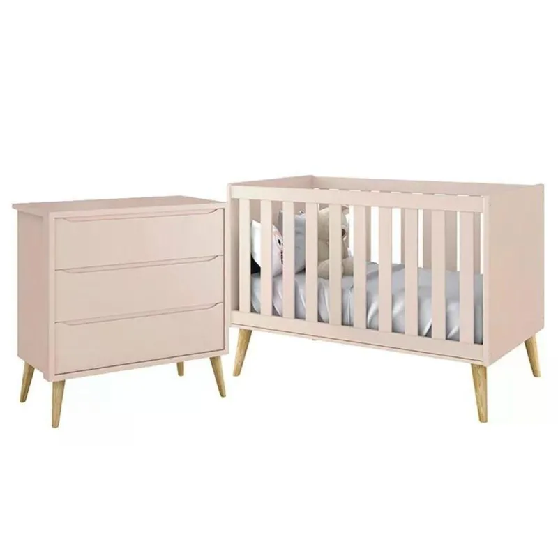 Jogo de Quarto Infantil Theo Cômoda 3 Gavetas e Berço Americano MDF Rosa Fosco Reller Móveis - OUTRAS